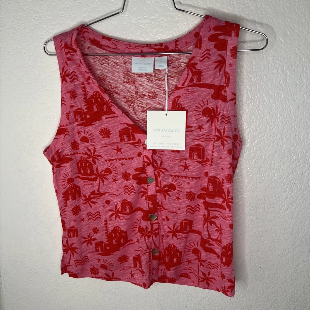 nwt cynthia rowley linen Button down Vneck top Sea shells Palm Trees large
